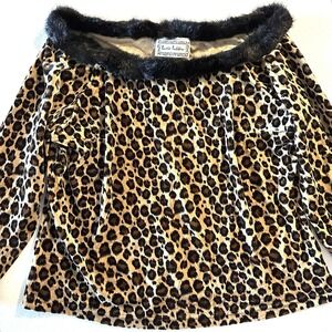 VTG Lucia Lukken‎ L Large Cheetah Print Faux Fur Trim Boat Neck Velour